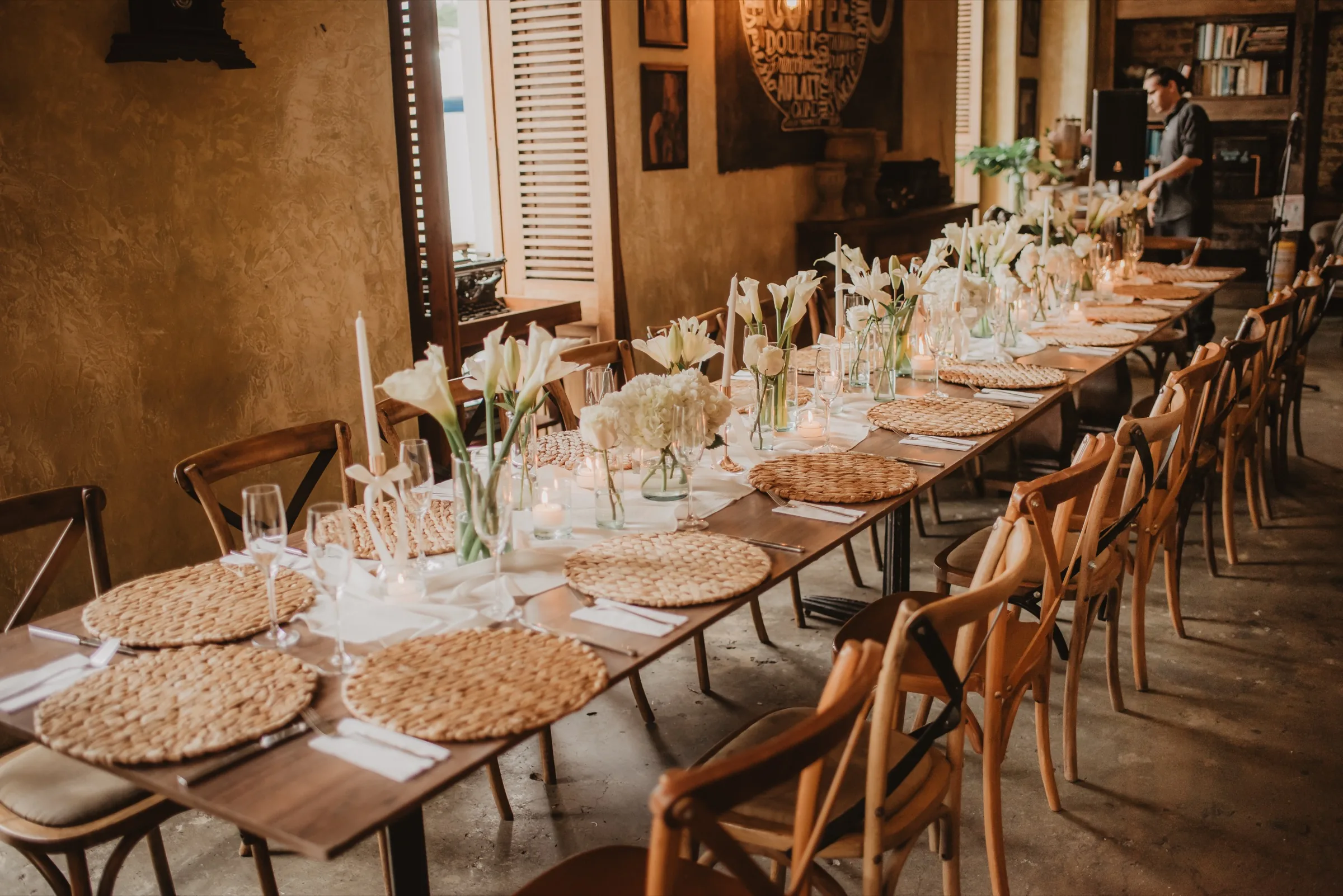 Rustic table with lily arrangement