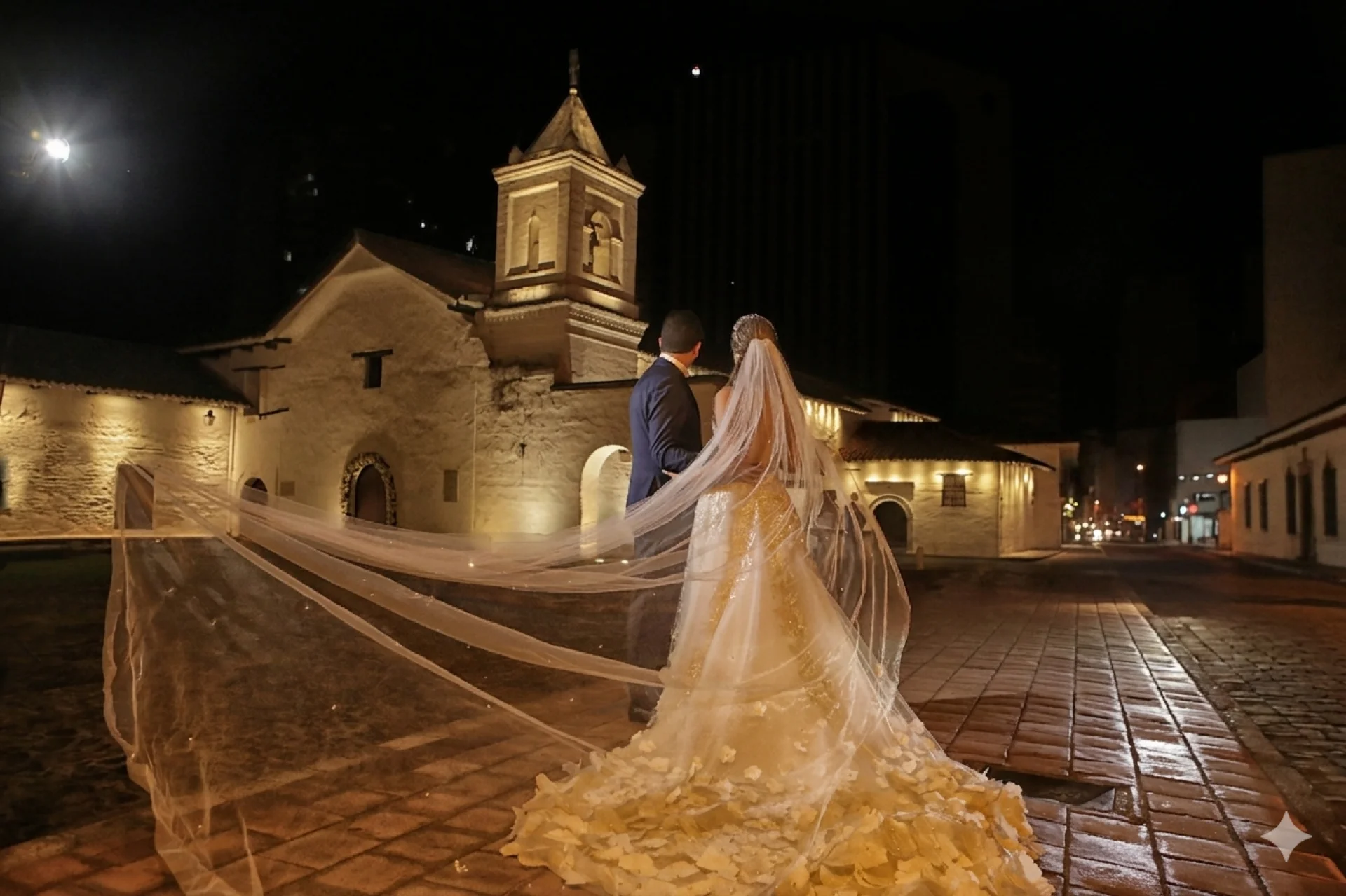 Bride and groom at colonial hacienda at night